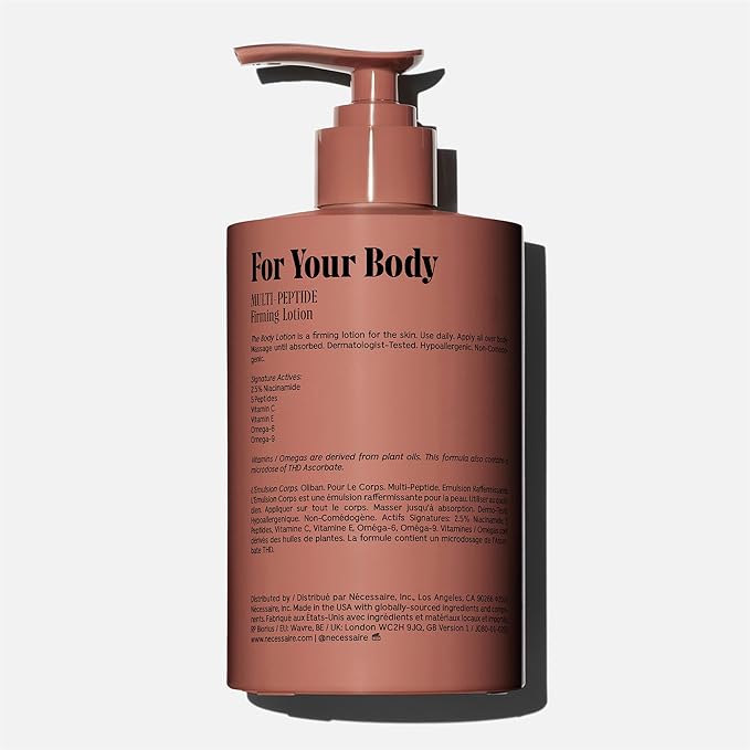 Nécessaire The Body Lotion with Pump. Olibanum. Multi-Peptide Firming to Moisturize + Strengthen. 2.5% Niacinamide, Vitamin C/E + Omega 6/9. Notes of Vanilla, Fig Leaf, & Cassis Buds. 450ml/15.2 fl oz