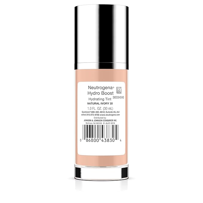 Neutrogena Hydro Boost Hydrating Tint Foundation Makeup for Dry Skin, with Hyaluronic Acid, Lightweight Oil-Free Water Gel, Non-Comedogenic, 20 Natural Ivory, 1.0 fl. oz