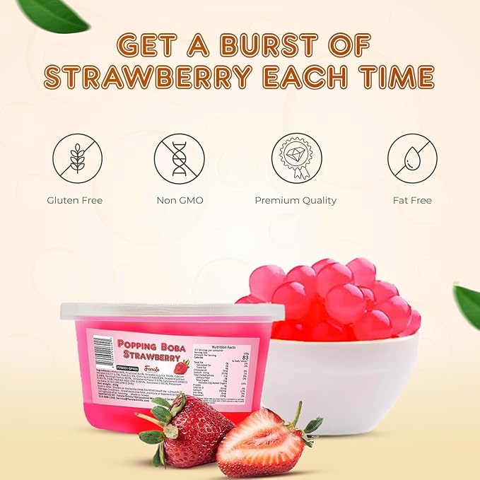 Fanale Popping Boba Pearls for Bubble Tea - 2 lb (1 lb X 2) | Strawberry | Bursting Boba Pearls Bubble 450g X 2 | Fruit Juice Flavor for Shakes, Dessert, Smoothie | FPB001-SP450 X 2