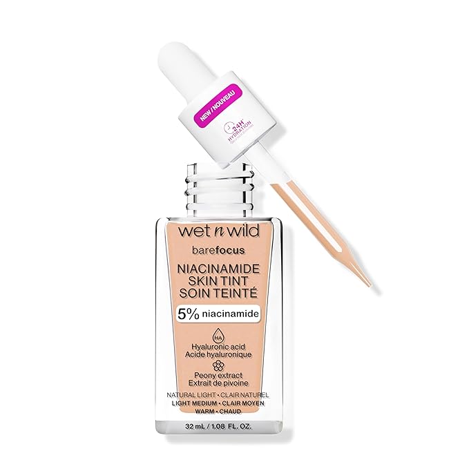 wet n wild Bare Focus Skin Tint, 5% Niacinamide Enriched, Buildable Sheer Lightweight Coverage, Natural Radiant Finish, Hyaluronic & Vitamin Hydration Boost, Cruelty-Free & Vegan - Light
