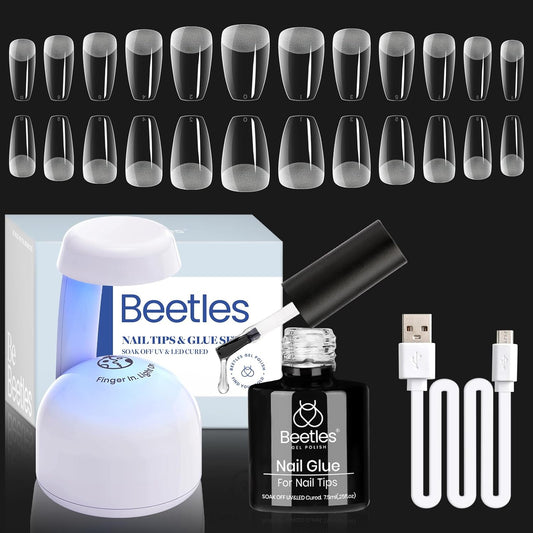 Beetles Gel Nail Kit Coffin: 504Pcs False Nail Tips Easy Nail Extension Set Short Coffin Shape 5 In 1 Nail Glue Uv Led Lamp Acrylic Gel Nail Kit DIY Nails Art Gifts for Women