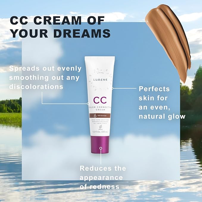 Lumene Color Correcting CC Cream - Lightweight Foundation - Medium Coverage - Redness Reducing Face Makeup for a Glowing Complexion - Vegan Formula + Suitable for All Skin Types - Bronze (1 fl oz)