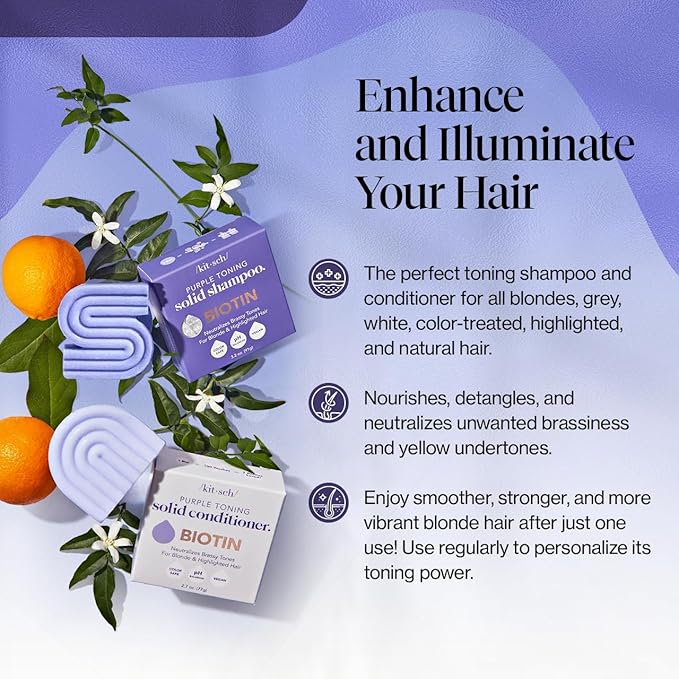 Kitsch Toning Purple Shampoo & Conditioner Bar Set For Blondes & Color Treated Hair - With Biotin for Strengthening & Neutralizing Brassy Tones - Vegan, Silicone & Sulfate Free - Made in USA