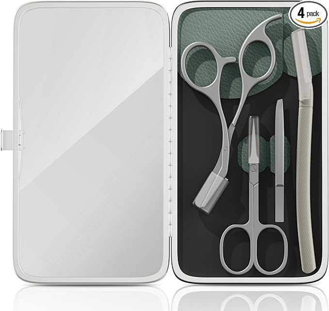 Eyebrow Trimmer Kit Scissors Tweezers Razor Facial Shaver Grooming Set with Mirror Travel Cases