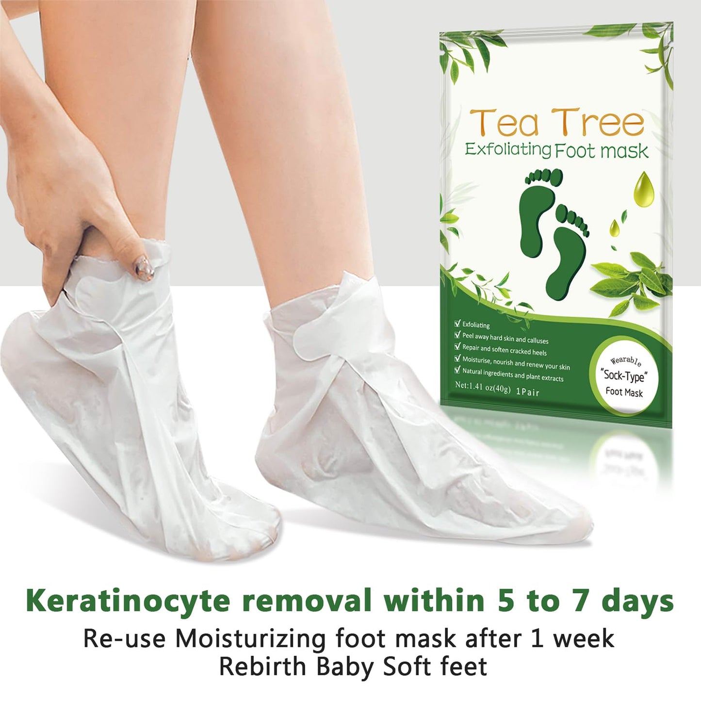Foot Peeling Mask Moisturizing Socks 5Pairs, Foot Mask Remove Dead Skin, Rough Callus and Cracked Heels, Dry Skin Moisturizer for Soft and Smooth Baby Touch Feet (Tea Tree)