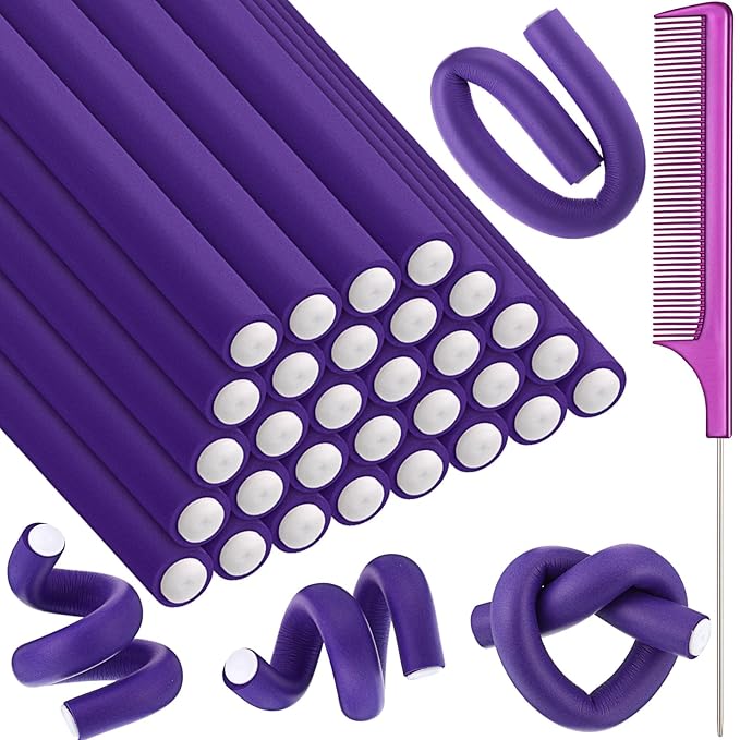 Syhood 30 Pcs 7'' Flexible Curling Rods Twist Foam Hair Rollers Soft Foam No Heat Hair Rods Rollers and 1 Steel Pintail Comb Rat Tail Comb for Women Long Short Hair(Purple,7 x 0.55 Inch)