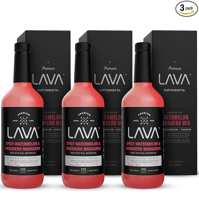 (3 Pack) LAVA Premium Spicy Watermelon Habanero Margarita Mix, Cold-Pressed Organic Watermelon, Agave, Habanero, No Artificial Sweeteners, Lots of Flavor, Ready to Use, 1-Liter (33.8oz) Glass