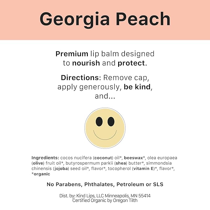 Kind Lips Lip Balm - Nourishing & Moisturizing Lip Care with Shea Butter, Beeswax & Vitamin E | Georgia Peach Flavor | 0.15 Oz (Pack of 5)