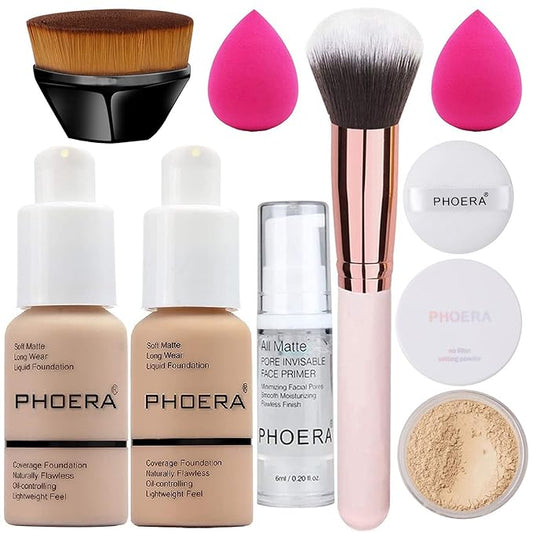 Foundation Makeup Sets Full Kit for Women Pack 8 Included Phoera Foundation,Flat Top Kabuki Brush Kit,Primer,Powder Foundation,Makeup Sponges (103 Warm Peach + 104 Buff Beige)