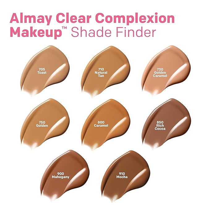 Almay Clear Complexion Acne Foundation Makeup with Salicylic Acid - Lightweight, Medium Coverage, Hypoallergenic, Fragrance-Free, for Sensitive Skin, 705 Toast, 1 fl oz.