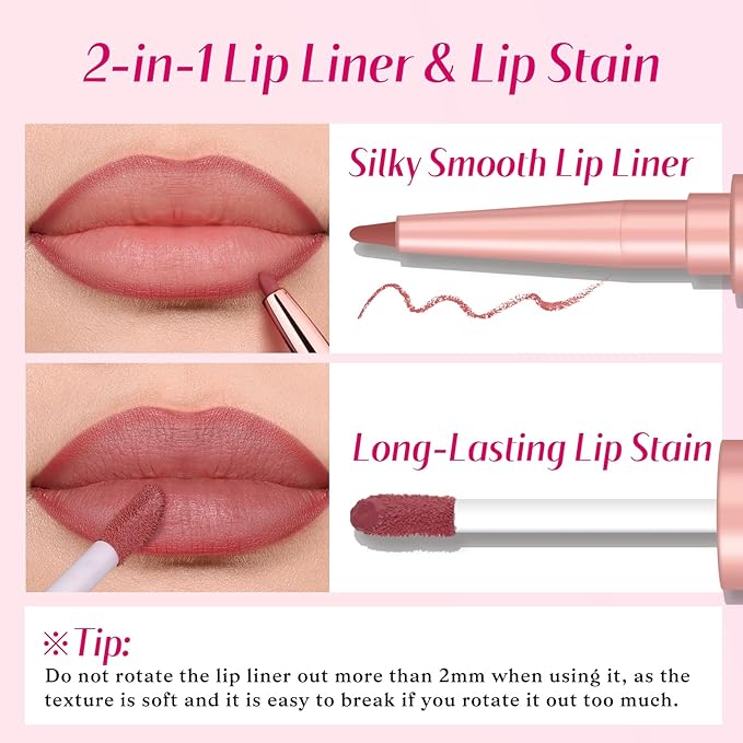 2 PCS Lip Liner and Lip Stain Combo Set, High Pigmented Long Lasting Velvet Lip Tint, Well-Defined Lipliner, Weightless Waterproof Not Animal Tested, Matte Finish Makeup
