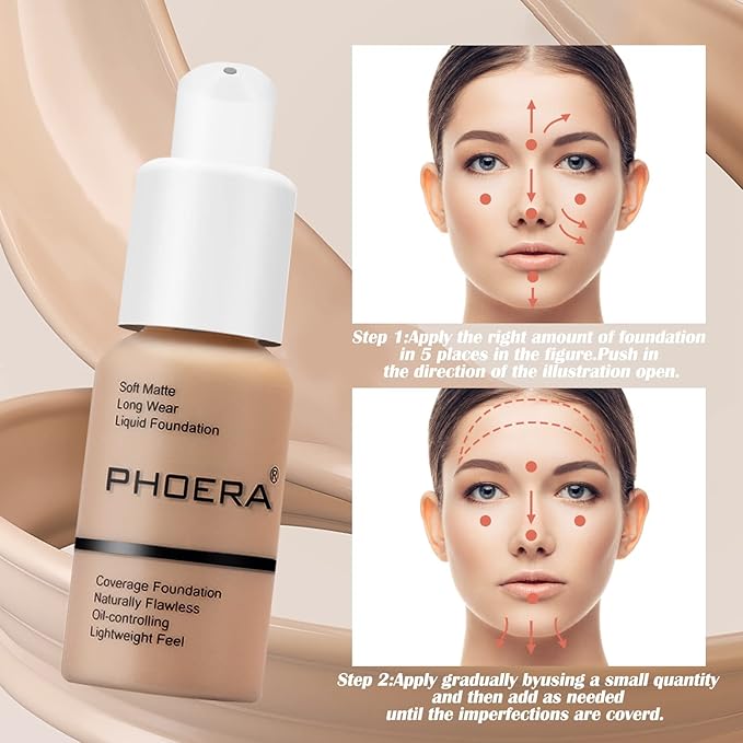 PHOERA Foundation Makeup Naturally Liquid Foundation Full Coverage Mattle Oil-Control Concealer 8 Colors Optional,Great Choice For Gift (2pcs,#104 Buff Beige)