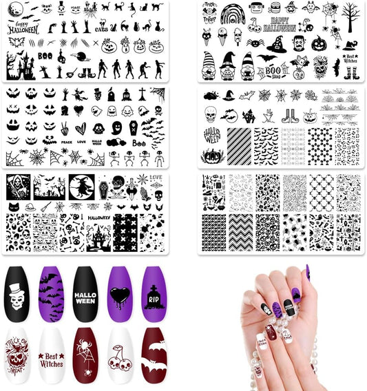 ALIBBON 6 Pcs Halloween Nail Stamping Plates Set, Halloween Background Nail Art Stamp Templates, Pumpkin Face Skeleton Stamp Templates Kit, Spider Web Ghost Metal Nail Plates for DIY Printing Decor