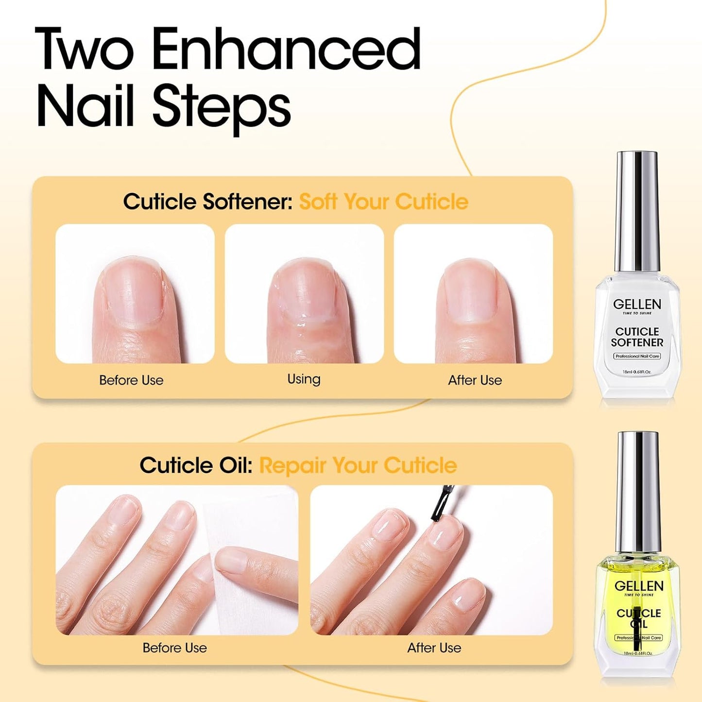 Gellen Cuticle Oil & Softener for Nails, 2 Pcs 18ml Cuticle Remover & Strengthener, Nail Cuticle Protector, 2 in 1 Nail Care Kit for Cuticle Removing & Repairng Manicure Essentials for Gel Nail Polish