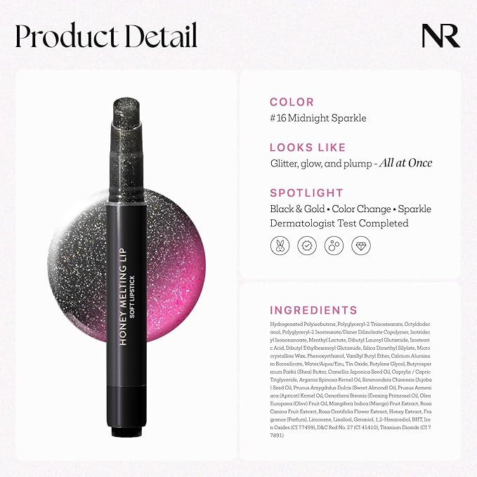 Nature Republic HONEY MELTING LIP GLITTER & PLUMPING (16 MIDNIGHT SPARKLE) SOFT LIP STICK Moisturizing Gloss, Volumizing formula, Color changing Sheer tint, Shine Glimmer Finish, korean make up