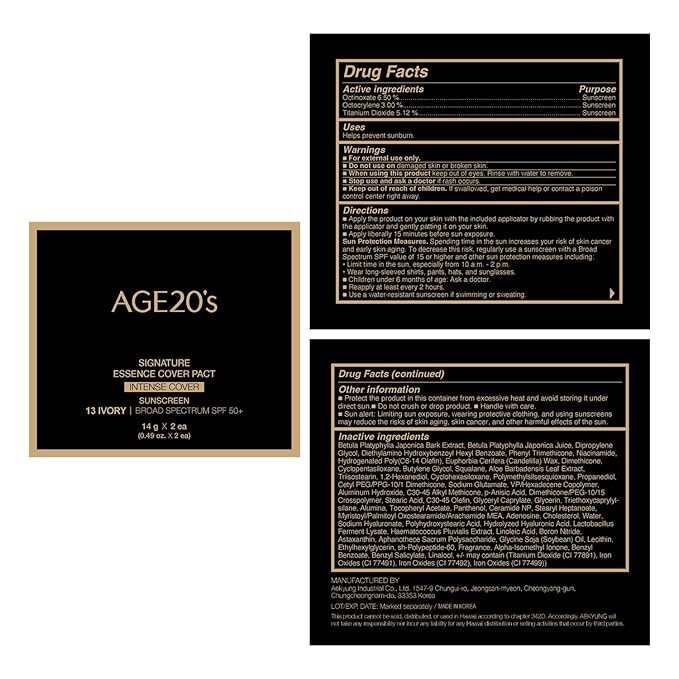 AGE20'S Signature Essence Pact SPF 50+ | Pack of 2 | 13 Ivory | Cream Foundation, Dewy Finish, Natural Coverage | Korean Cushion Foundation