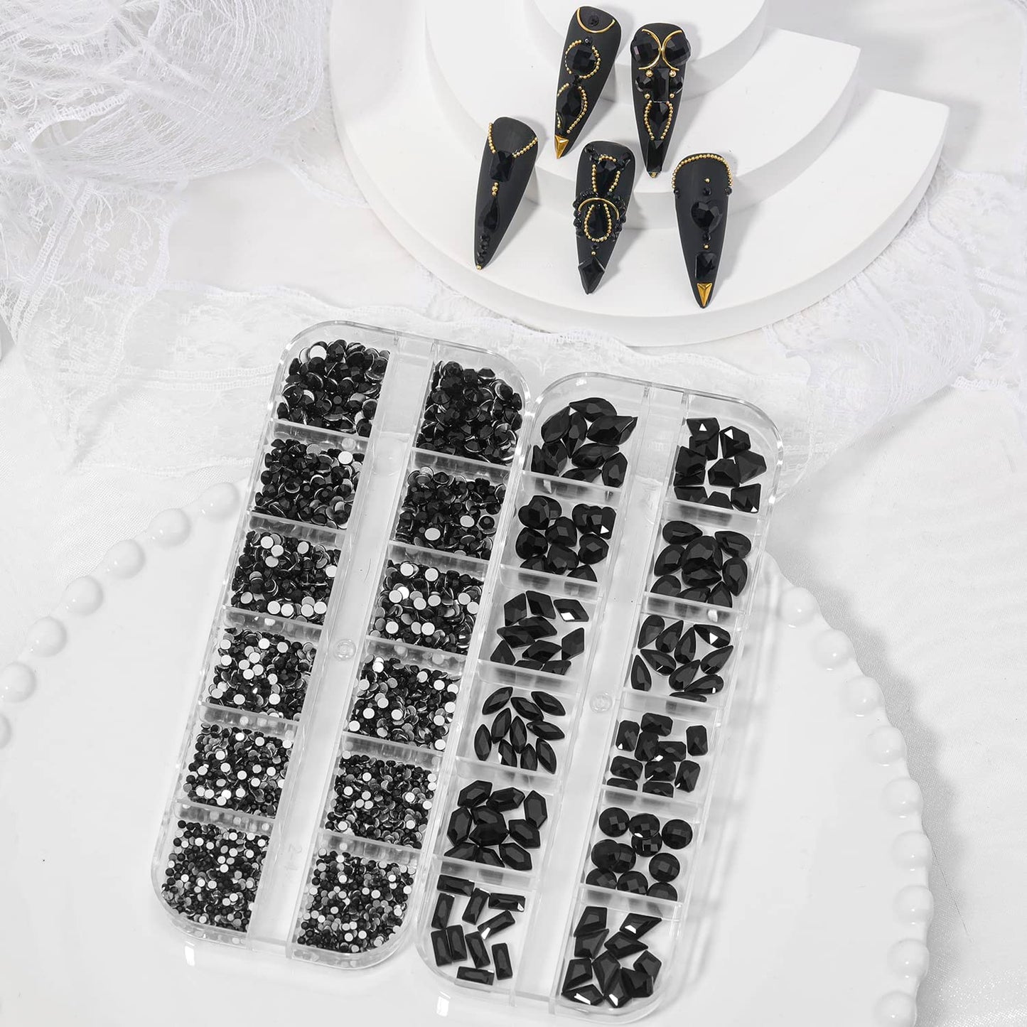 HNUIX Nail Rhinestones - 3D Multi Shape Size Crystal, Black Nail Gems, Flat Back, with Kit, for Nail Art, DIY Decorations