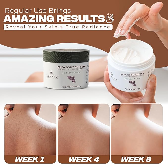 AZMERA Handcrafted Whipped Shea Body Butter – Refreshing Mint & Eucalyptus Scented Moisturizer for Dry, Sensitive Skin, Argan Oil & Vitamin E – Vegan, Non-Greasy Skincare – 8.82 oz