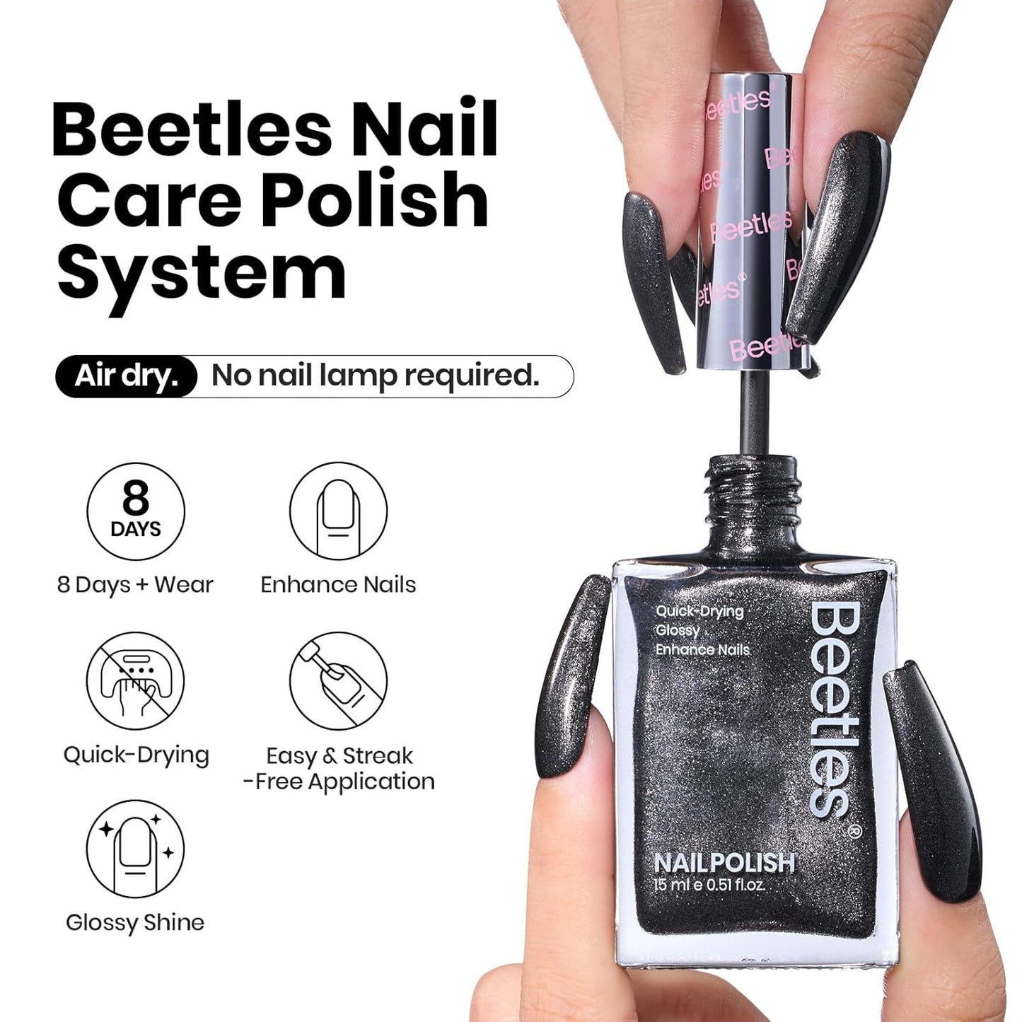 Beetles Black Glitter Nail Polish-1Pcs 15ml Fast Drying Nail Polish Shimmer Black Winter Nail Polish Nail Lacquer Glossy Finish Nail Art Design for Women,Up to 8 Days of Wear, 0.51 FL OZ