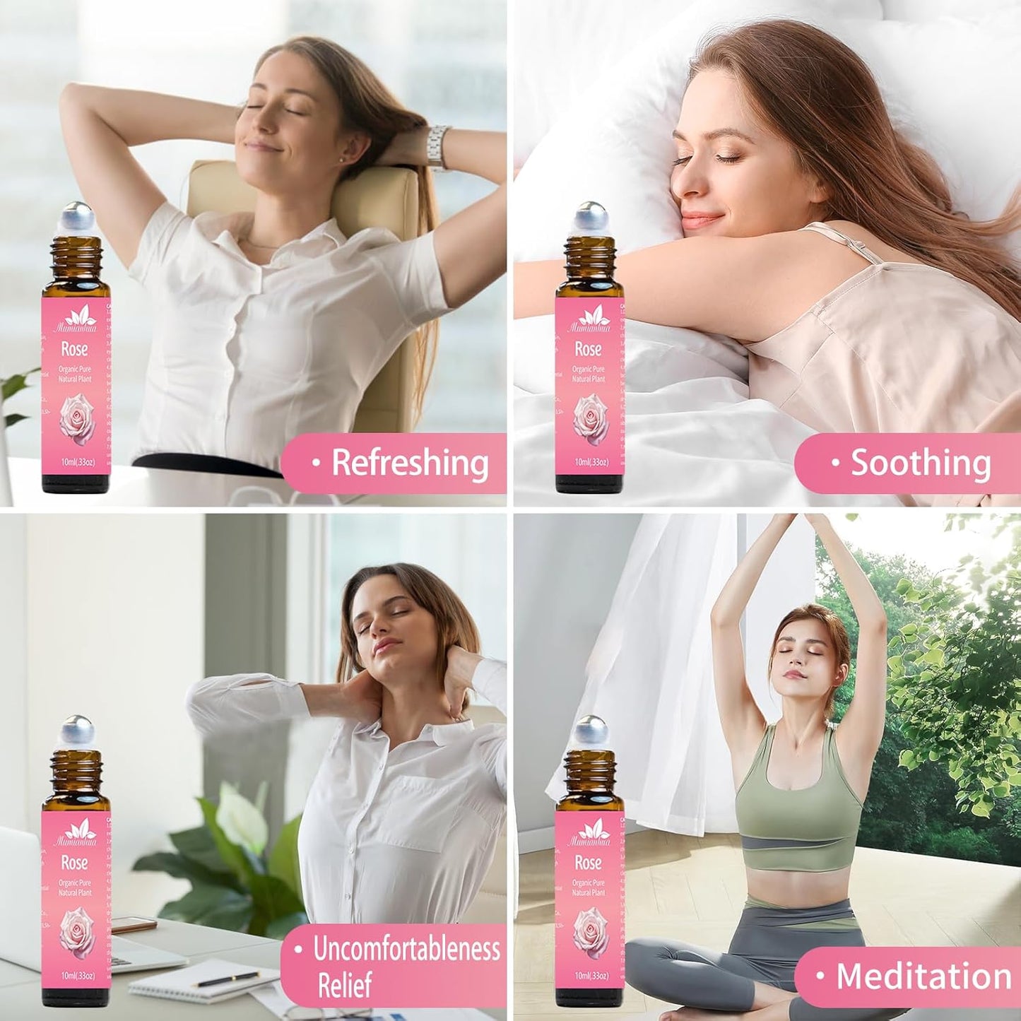 Rose Essential Oil Roll On, Mumianhua Diluted Rose Oil Touch Essential Oil, Aromatherapy Roller Oil for Skin, Body, Hair, Women,Men,Relaxation, Mood Balance, Massage 0.33 Fl Oz