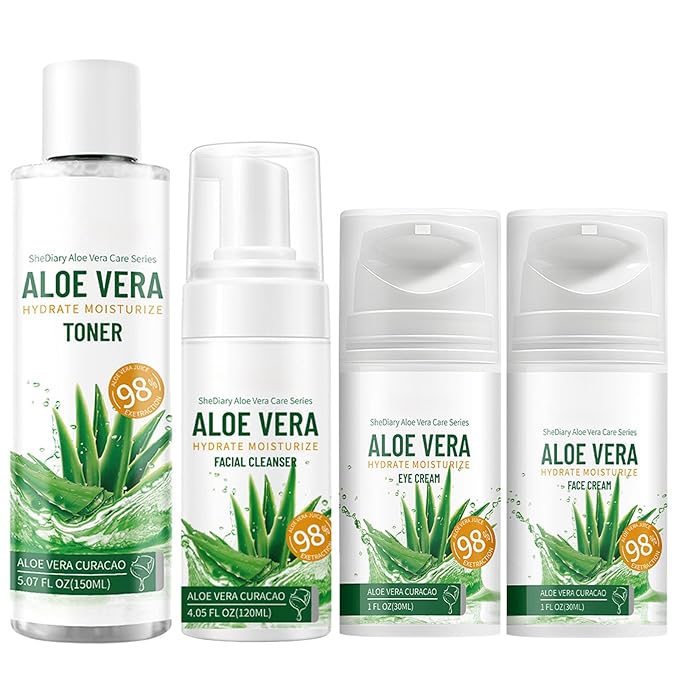 Aloe Vera Skin Care Sets & Kits, 4Pcs Moisturizing Face Care Set, Improve Rough Skin, Firming Skin and Reduce Fine Lines, Skincare Routine Set with Face Cream, Cleanser, Toner, Eye Cream