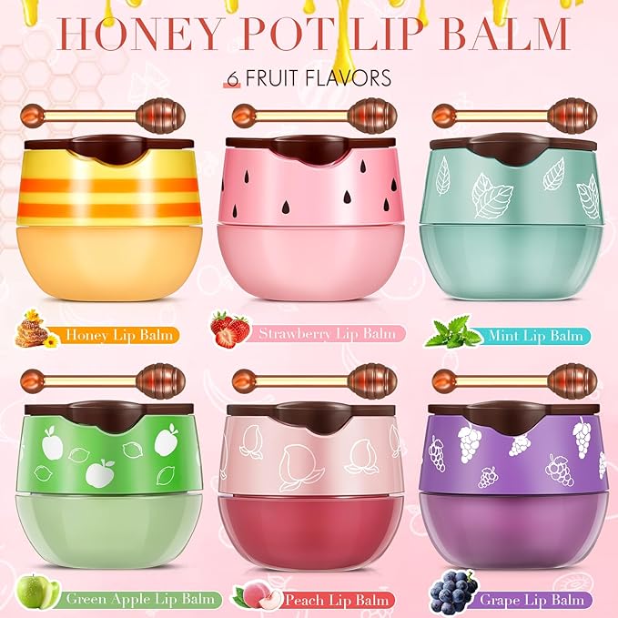 12 Pcs Bee Lip Balm Honey Pot with Brush Propolis Lip Mask Overnight, Moisturizing Hydrating Lip Sleeping Mask Prevention Dry and Cracked(Honey+Peach+Grape+Strawberry+Apple Lime+Mint)