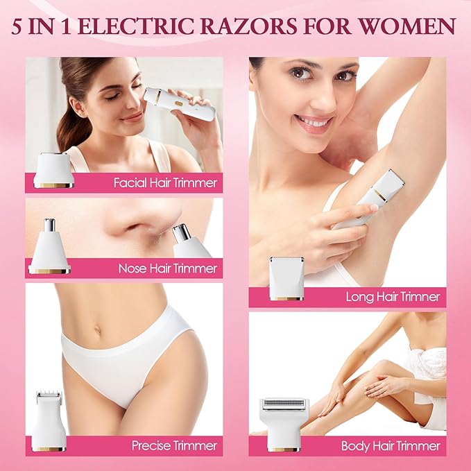 Bikini Trimmer for Women - 5 in 1 Electric Razors for Lady Pubic Facial Nose Body Leg Hair Removal, Waterproof Electric Shaver for Women Private Area Sensitive Skin, Personal Hair Trimmer