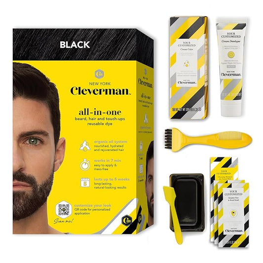 CLEVERMAN Black Hair & Beard Dye for Men, All-in-One Reusable Kit - Natural-Looking Gray Coverage, Professional-Quality, Ammonia-Free, 3.38 Fl Oz (1 Pack), Black, Suitable for Black Hair
