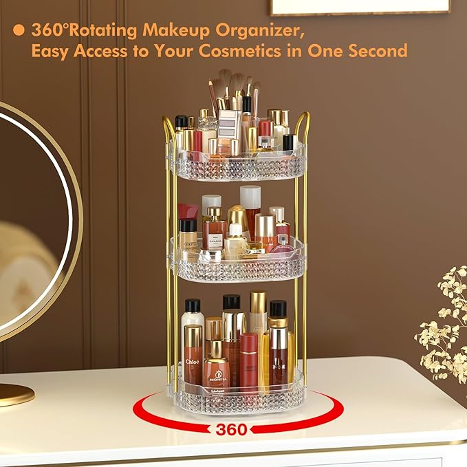 Awenia Rotating Makeup Organizer 360, Stackable Adjustable Large Capacity Cosmetic Storage Unit,Dresser Bathroom Kitchen Countertop Organizer with Metal Handle, Plus Size (Clear, 3 Tier)