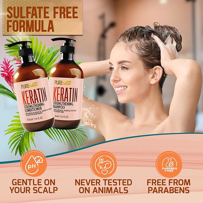Keratin Shampoo and Conditioner Set - Sulfate and Paraben Free Treatment for Dry Hair - Anti Frizz, Collagen Enriched Formula for Curly or Damaged Hair - Safe for Men and Women with Color Treated Hair