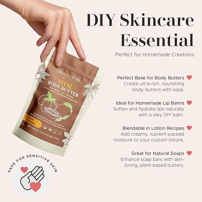 Era of Nature Organic Shea, Mango & Cocoa Body Butter – Raw, Unrefined, 100% Natural – Perfect Base for DIY Skincare, Body Butters, Lotions, Soaps & Lip Balms – Essential for Homemade Creations – 32oz