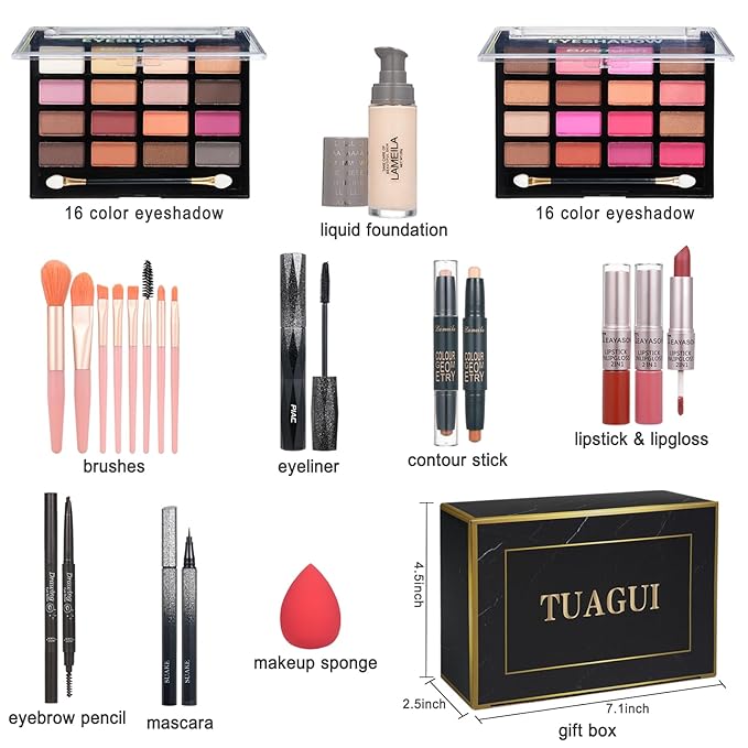 All in One Makeup Kit for Women Full Kit, Includes Eyeshadow,Foundation,Eyeliner,Mascara,Eyebrow pencil,Contour Stick, Makeup Brush, Makeup Sponge, Make Up Gift Set for Women, Teens