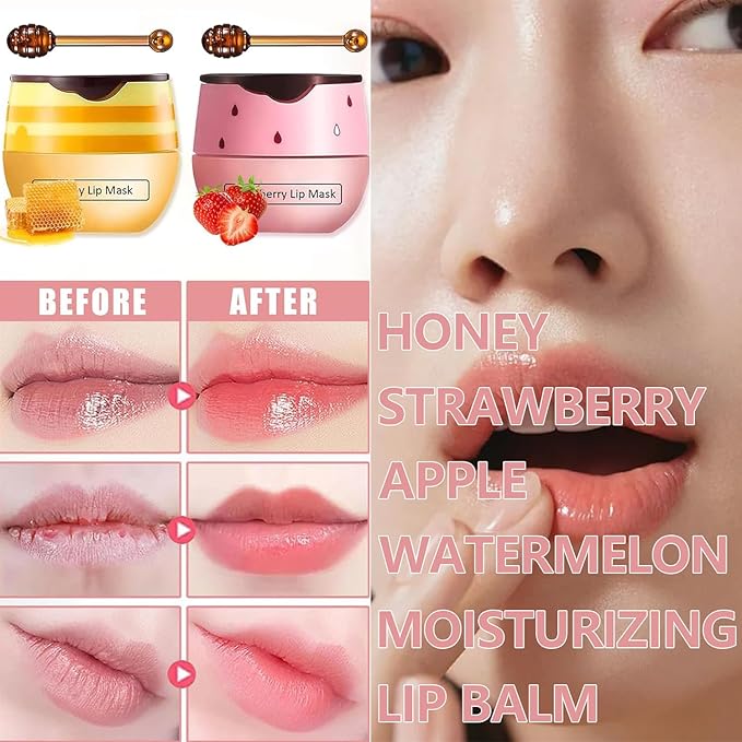 2 PCS Bee Lip Balm Honey Pot, Watermelon & Apple Lime Lip Sleeping Masks Overnight, Hydrating Prevention Dry and Cracked Lip Scrubs Exfoliator Lip Care, Reduces Lip Lines