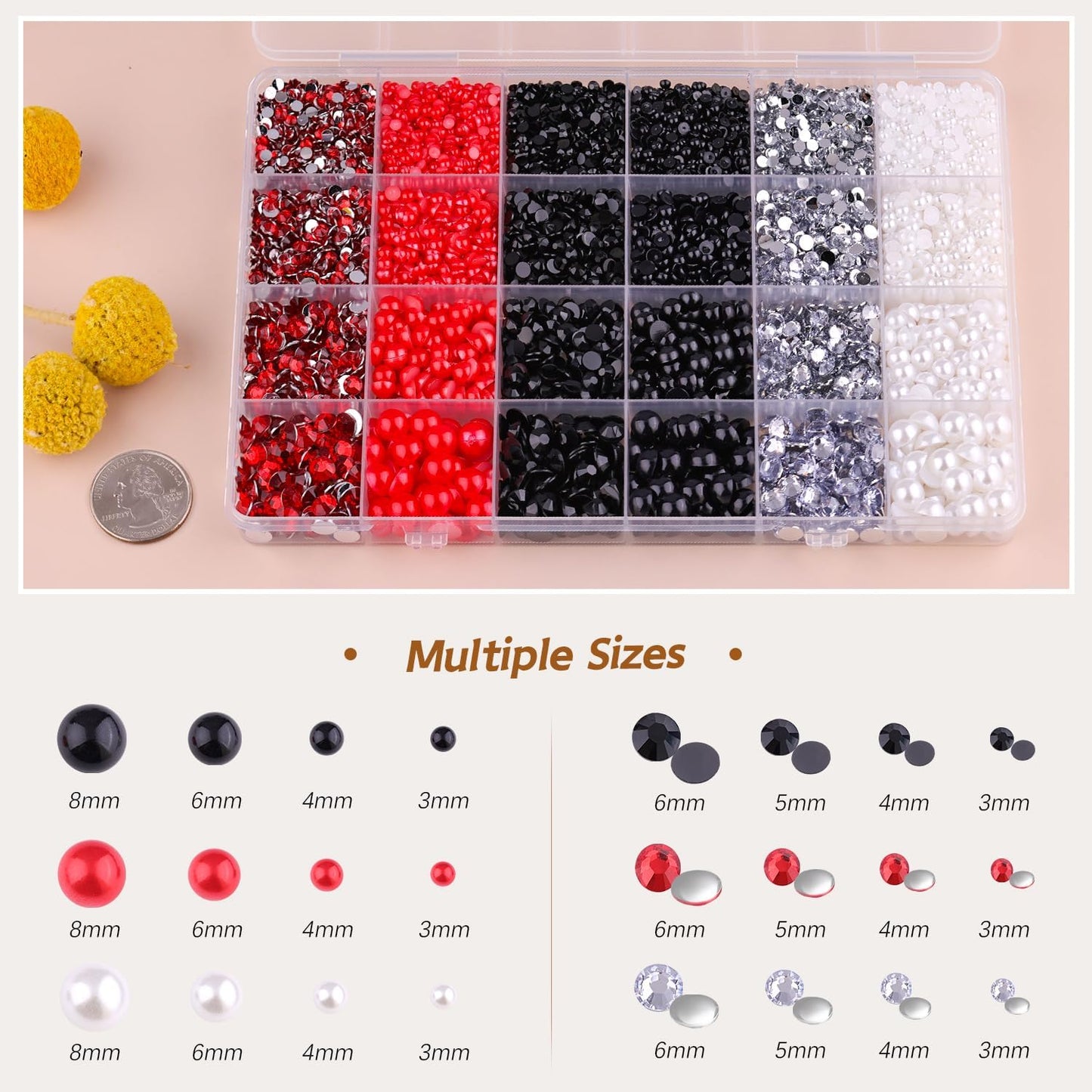 9000PCS Flatback Pearls and Rhinestones for Crafting, Red White Black Mixed Size 3-10mm Resin Rhinestones and Half Pearls for Bedazzling, Nail Art and Decoration with Tweezer and Pickup Pencil