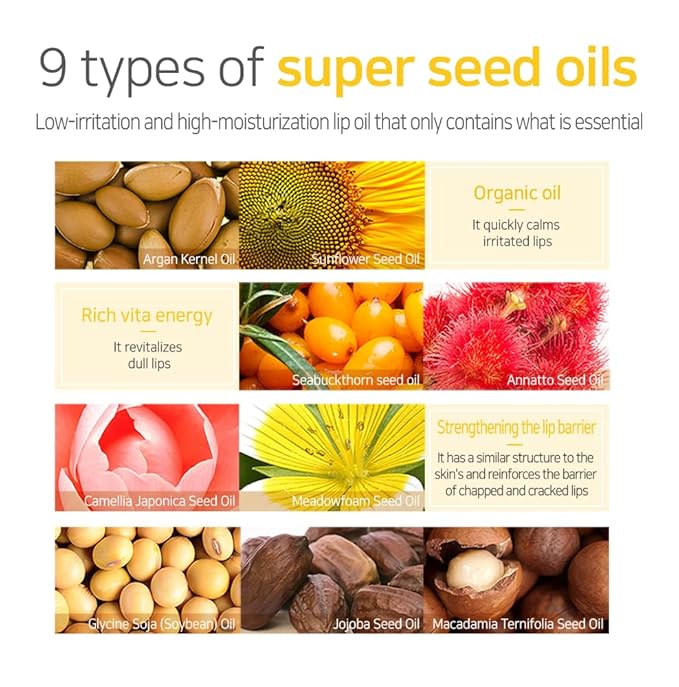 PETITFEE Lip Oil Super Seed | 0.10 Oz | Glass Lip, Healthy Lip Care, Moisturizing Lip Oil with Honey, Propolis, Herbal Oil, Glowy, Revitalizing, Calming Lip, Non-sticky, Non-artificial Colors