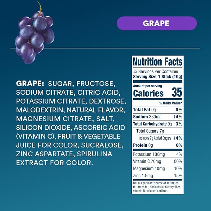 DripDrop Hydration Packets - Grape - Single Serve Electrolytes Powder Drink Mix - Non-GMO, Gluten Free, Vegan - 32 Sticks