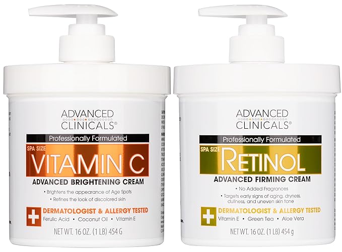 Advanced Clinicals Retinol Body Lotion + Brightening Vitamin C Cream 2pc Skin Care Set | Skin Tightening Body Moisturizer & Face Lotion | Crepey Skin Care Treatment | Skin Care Products, 2pc Set