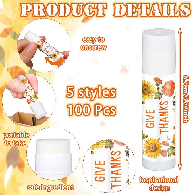 Dunzy 100 Pack Hello Fall Thanksgiving Party Gifts Bulk Lip Balms Favors Employee Appreciation Gifts Thank You Gifts Team Inspirational Gifts for Women Men Coworkers Satff Teachers(Thanksgiving)