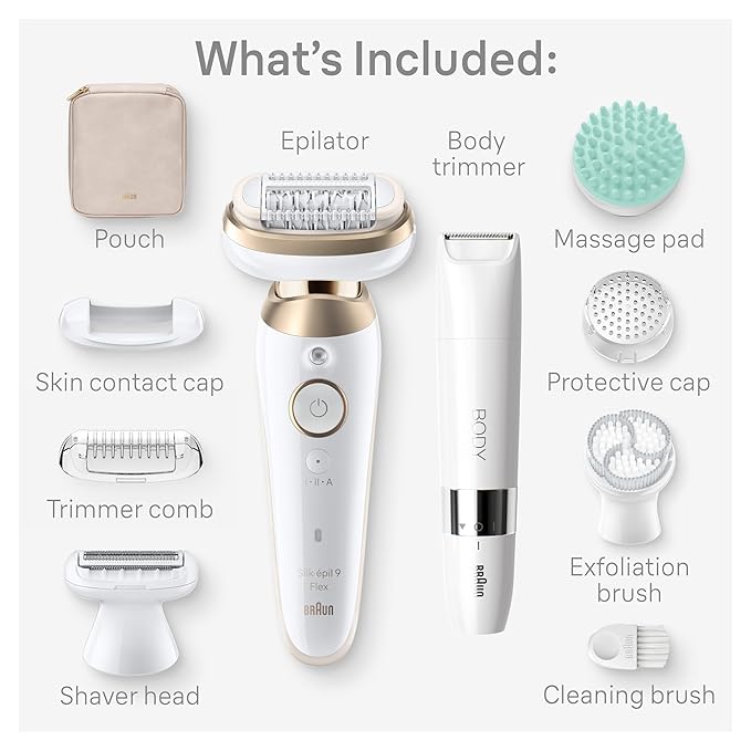 Braun Epilator Silk-épil 9 Flex SkinSpa, Hair Removal Device, 360 Flex and Pivoting Head, Wet and Dry, Includes Shaver Head, Trimmer Comb, Massage Pad, Exfoliation Brush and BodyTrimmer, SES9-481 3D