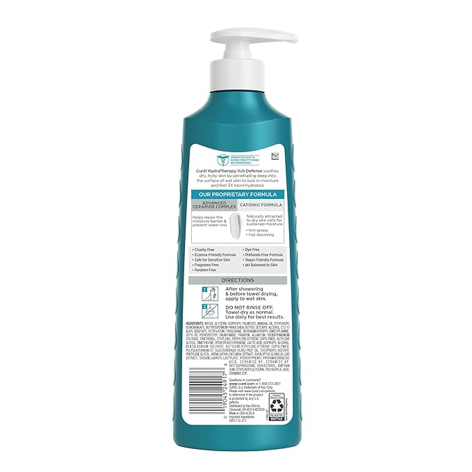 Curel Hydra Therapy In Shower Lotion, Itch Defense Body Moisturizer with Advanced Ceramide Complex, Vitamin E, & Oatmeal Extract, 12 Oz, Pack of 2