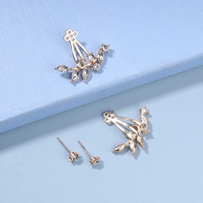 Boho Crystal Leaf Ear Jackets Earrings Gold Cz Crystal Earrings Rhinestone Front Back Studs Earrings Minimalist Earrings Jewelry for Women and Girls Gifts