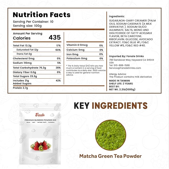 Fanale Premium Matcha Green Bubble Tea Flavoring Powder | Perfect for Baking, Smoothies, Desserts and Drinks | Instant Flavoring Powder for Boba Milk Tea - 2.2 Pounds (Pack of 1)