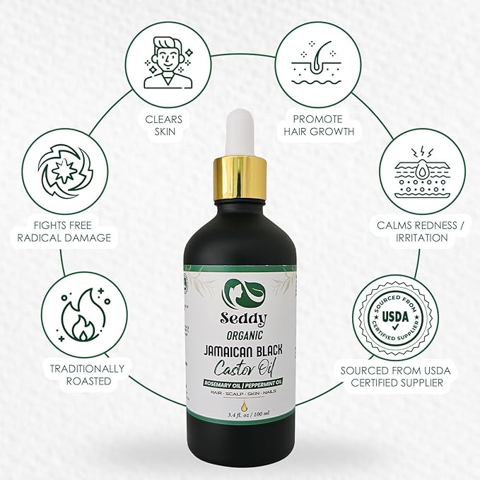 Seddy Organic Jamaican Black Castor Oil - with Rosemary & Peppermint in Glass Bottle - Cold Pressed | Hexane-Free | Promotes Hair Growth | Strengthens Hair | Hair Treatment Oil - 3.4 Fl. Oz