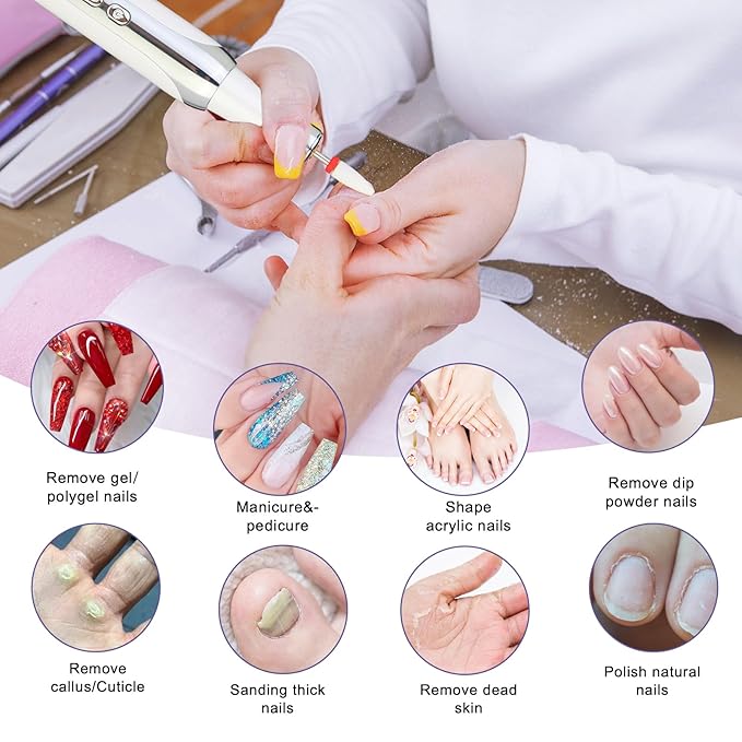 Electric Nail Drill File Cordless,Portable Rechargeable Nail File Kit for Acrylic & Gel Nails,Professional Efile for Manicure Pedicure Polishing,with 12 Nail Drill Bits 31 Sanding Bands,White