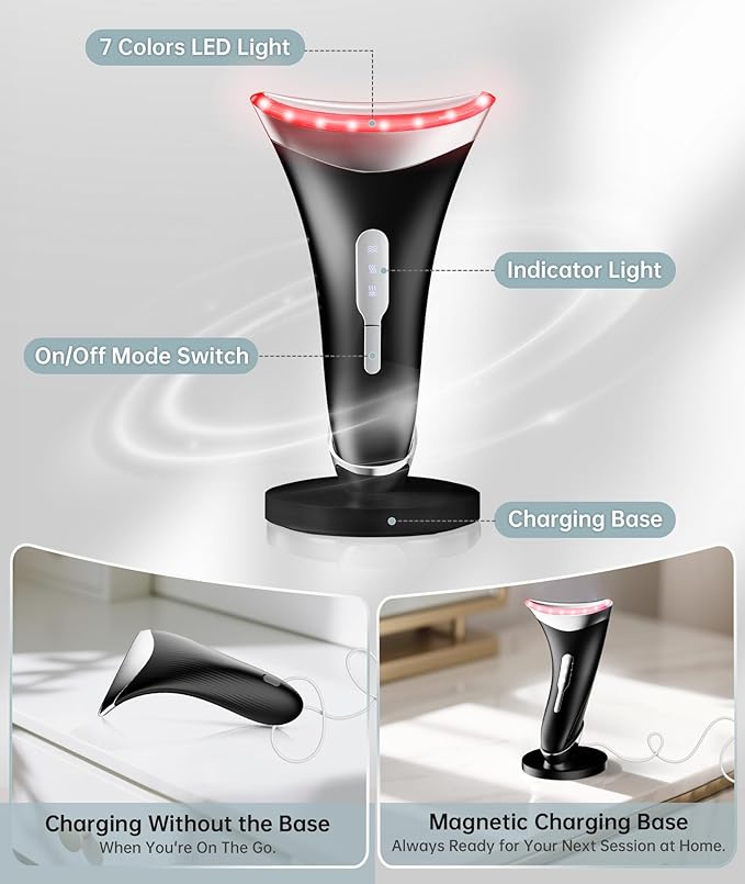 7 Color Light Therapy Facial Massager with Adjustable Vibration and Thermals for Wrinkles, Double Chin, Red Light Skin Care Tool with Base, Black
