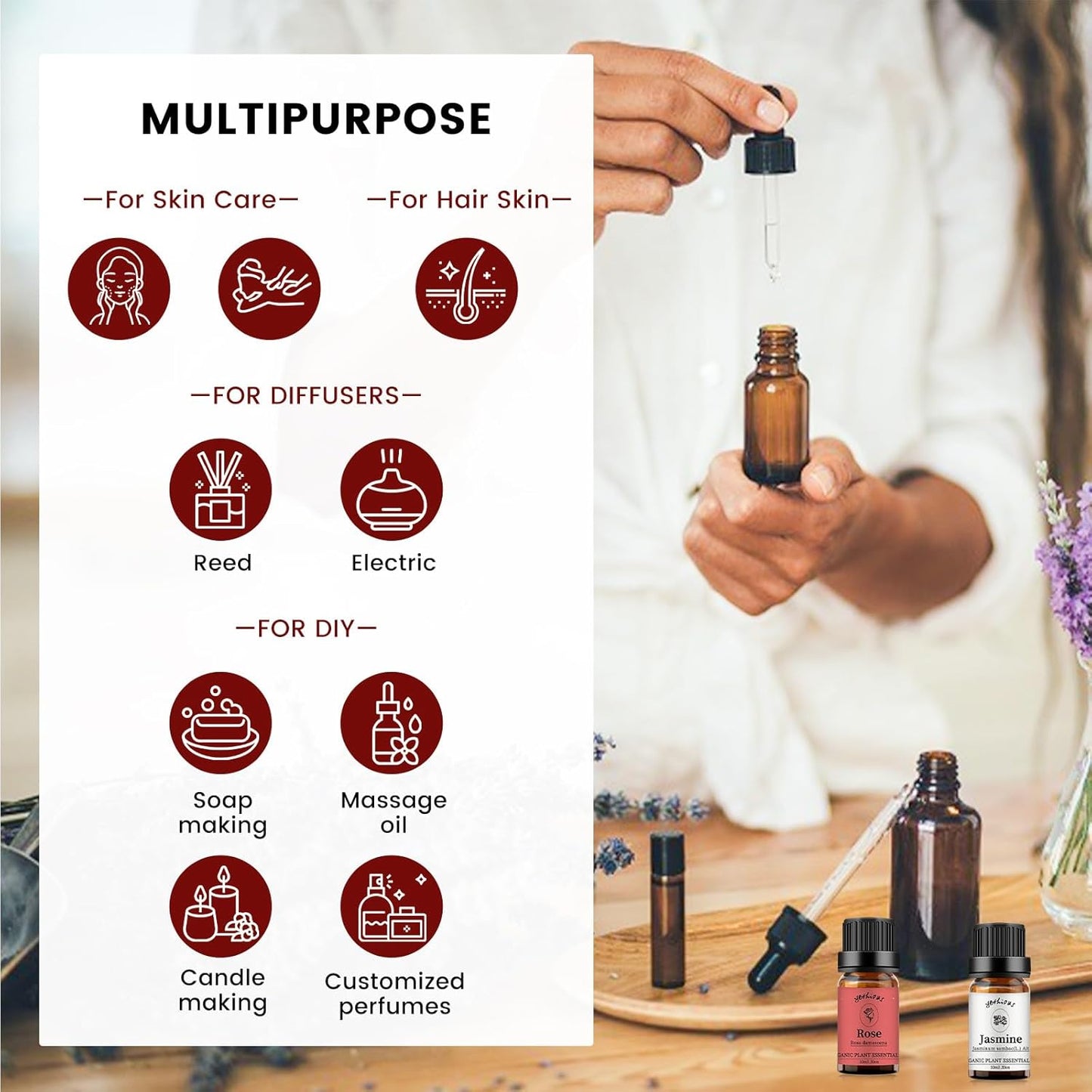 yethious Rose Essential Oil Jasmine Essential Oil for Diffuser, Hair, Skin, Body, Face, Perfume, Soap, Candle Making Rose Fragrance Oil Set Jasmine Oil Organic 2 X 10ML