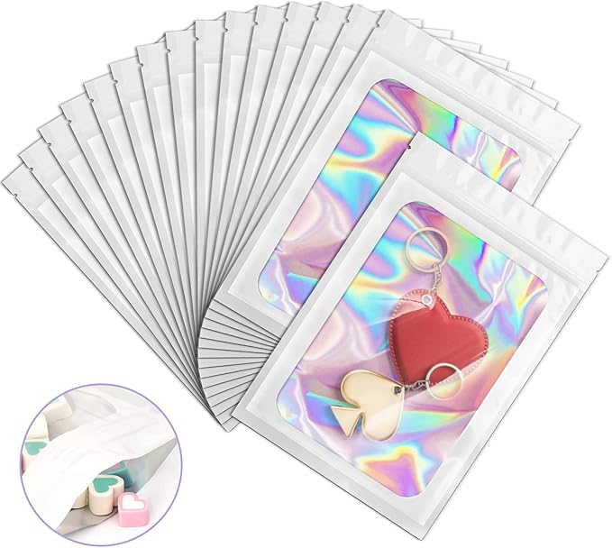 100 Pack Holographic Bags, Smell Proof Packaging Bags, Clear Window Resealable Odor Foil Pouch Mylar Bag for Food Storage and Lipgloss, Jewelry Lash (White, 3 x 4.7 Inch)