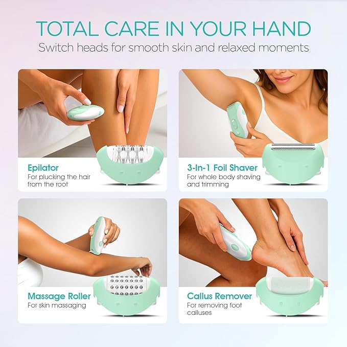 Epilator for Women-Cordless Epilators Hair Removal for Women, 4-in-1 Electric Razor Hair Remover, 2 Speeds & 21 Tweezers for Face Legs Arms Armpit Bikini, Green HR310