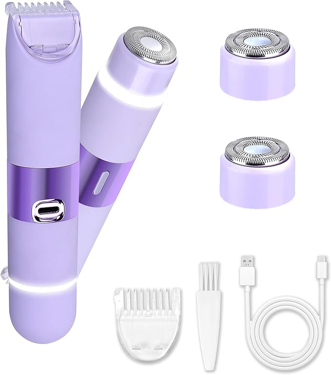 Bikini Trimmer for Women, Glow Aura Womens Shaver, Quiet Dual Head Waterproof Cordless Rechargeable Painless Trimmer for Underarms, Legs, Body (Purple)