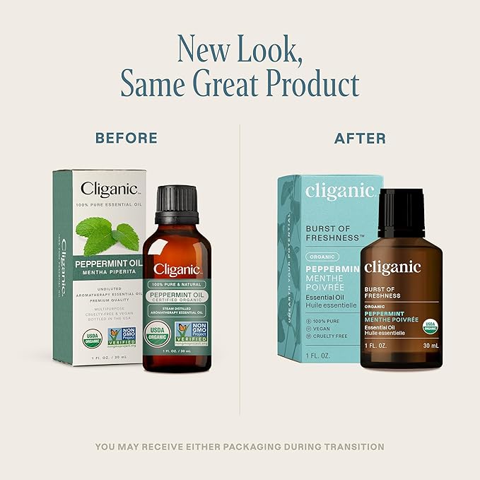 Cliganic Organic Peppermint Essential Oil, 1oz - 100% Pure Natural Undiluted, for Aromatherapy | Non-GMO Verified (Packaging May Vary)